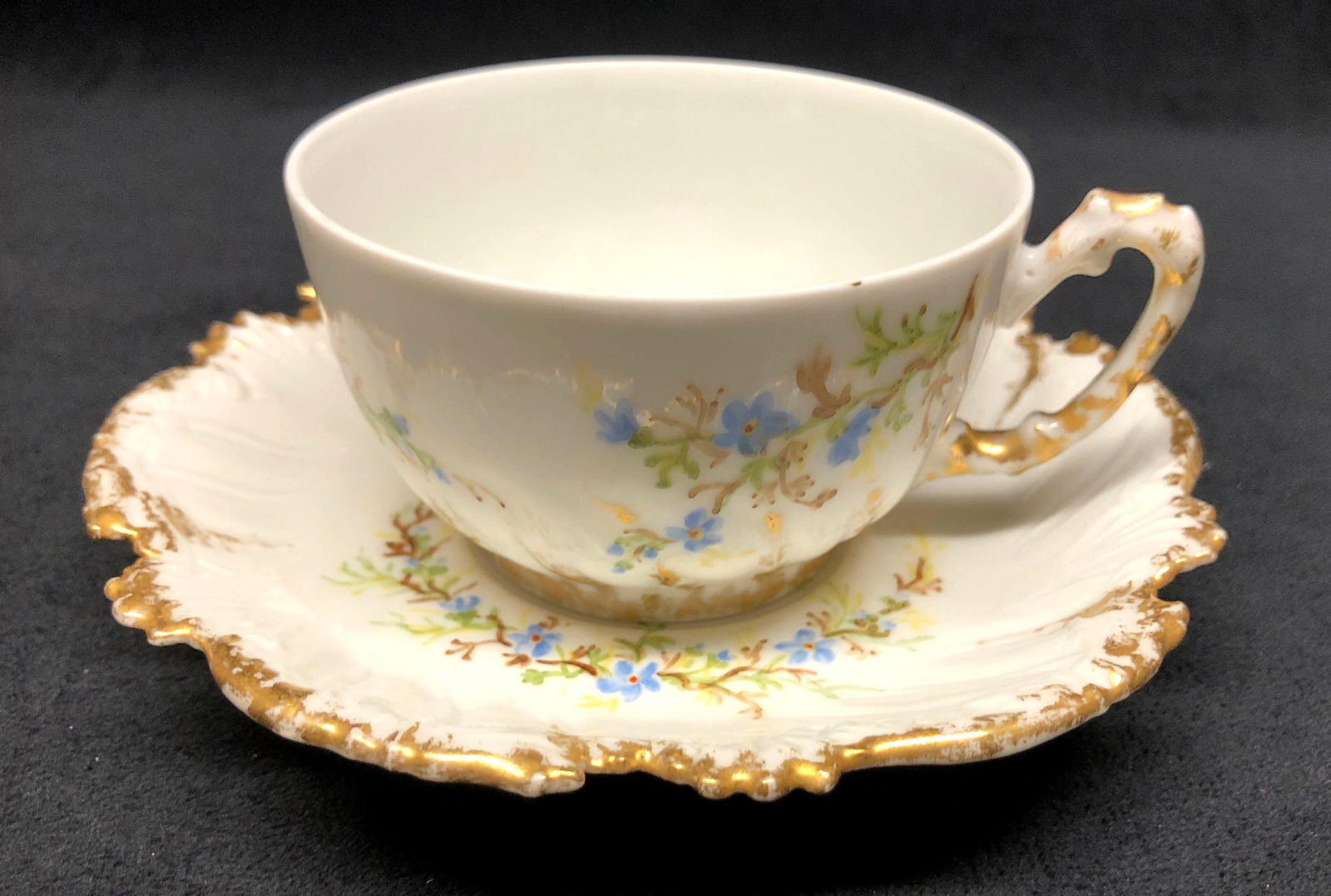 Fine China Tea Cup with Handles and Saucer - T& V - Made in France - Blue Flowers & Gold Accents (1 of 9)