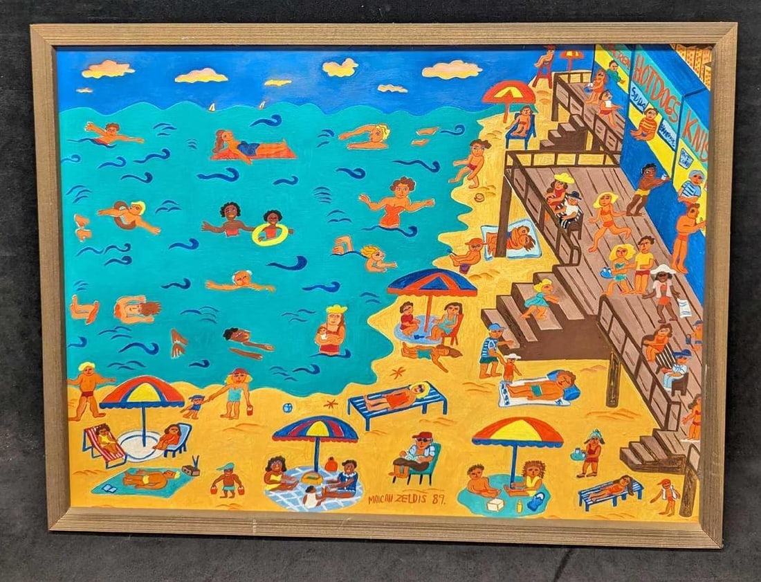 Framed Malcah Zeldis Gouache On Board Beach Scene (1 of 7)