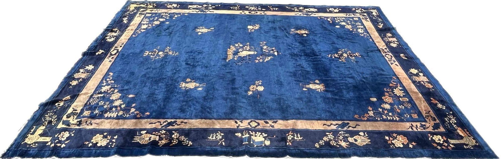 Large Navy Blue Chinese Art Deco Rug: This lot contains a Large Navy Blue Chinese Art Deco Rug. It is approx 136 1/2" x 107 1/2" and it weighs about 45lbs. Overall the rug is in good used condition with some normal wear from use o