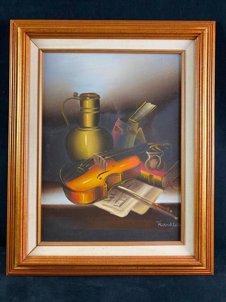 Violin Still Life Acrylic on Canvas: Violin Still Life Acrylic on Canvas Acrylic on canvas still life of a violin with sheet music, books, and a carafe. The painting is signed "Franklin" and has some cracking in the paint and lig