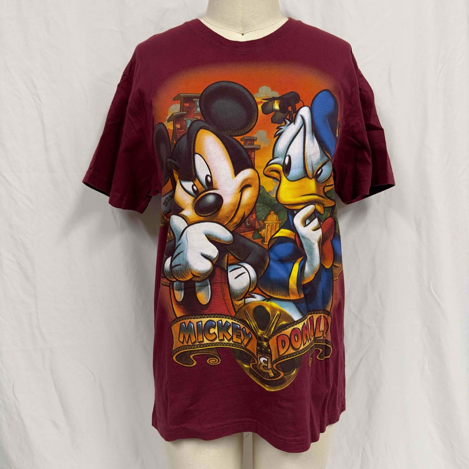 Disney T-Shirt Mickey Mouse Donald Duck Maroon Red L Large Shirt (1 of 6)