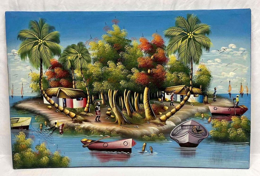 Original Painting On Cloth By Haitian Artist Frank Etienne: This lot contains a Original Painting On Cloth By Haitian Artist Frank Etienne. It is approx 24 1/4" x 36 1/4" and it weighs about 1.5lbs. Overall the Original Painting is in good used conditi