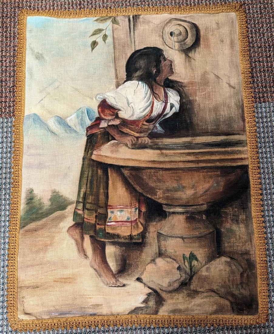 Vintage Leon Bonnat Roman Girl At The Fountain Print On Cloth (1 of 3)