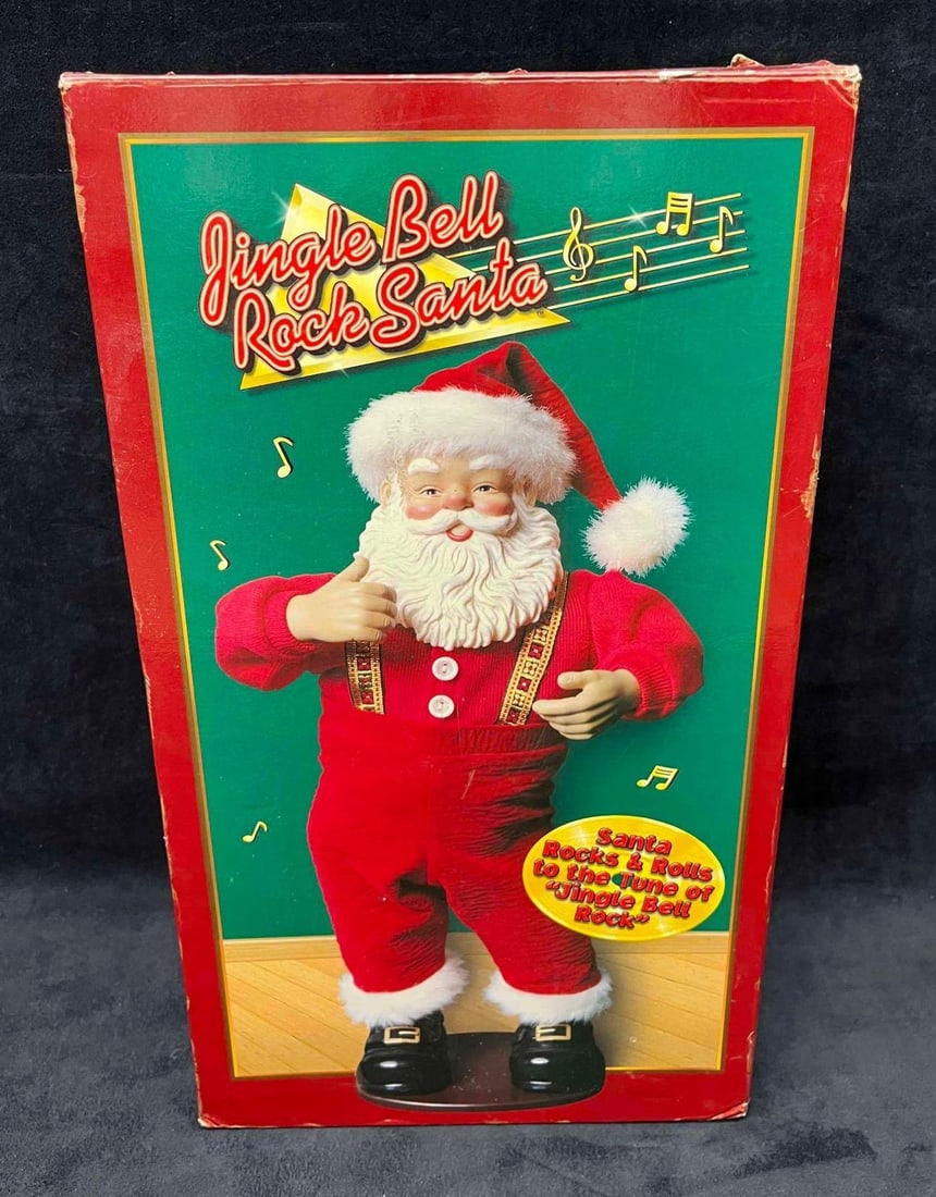 Jingle Bell Rock Santa 1998 Christmas Fantasy Ltd. Rock Santa Collectibles In Box: This lot contains a Jingle Bell Rock Santa 1998 Christmas Fantasy Ltd. Rock Santa Collectibles In Box. The box is approx 9 3/4" x 5 3/4" x 17 1/4" and the total weight is approx 3.1lbs. Overall t