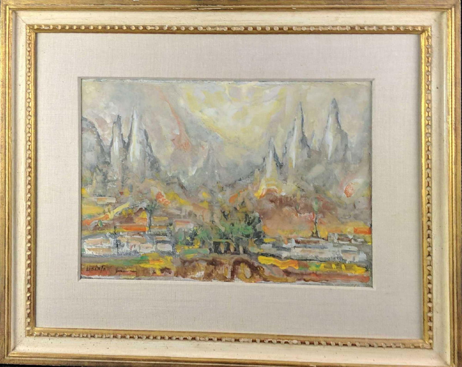 Original Vintage Jean Liberte Abstract Framed T5: Original abstract landscape by artist Jean Liberte. Gouache on paper. Framed art is approx 30" x 1 1/2" x 24 1/2". Original is approx 19" x 13 1/2". Art is in good, vintage conditi