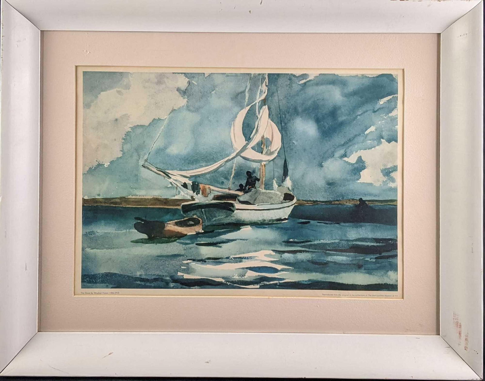 Framed Sloop Print By Winslow Homer: Framed Sloop Print By Winslow Homer. This was reproduced off the original that is at The Metropolitan Museum of Art. The framed print is approx 28 1/2" x 2" x 22 1/2" and it weighs 6lbs. The prin