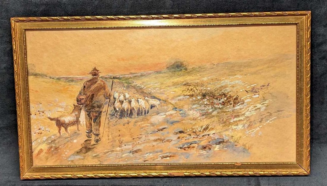 Vintage Watercolor On Panel Shepherd With Sheep (1 of 5)