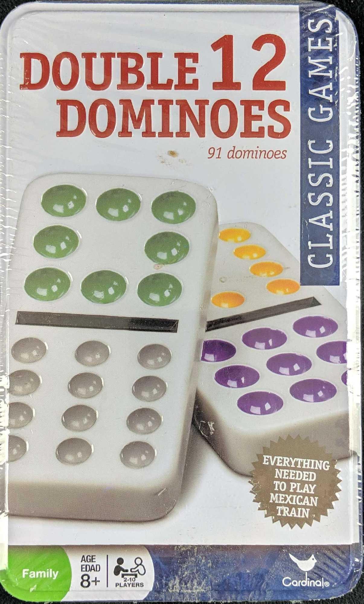 Cardinal Double 12 Dominoes W Tin Mexican Train: Cardinal Double 12 Dominoes With Tin. Comes with 91 double twelve color dot dominoes, a starter piece, four plastic train game pieces. Instructions and a collectible tin. Everything needed to play Mex