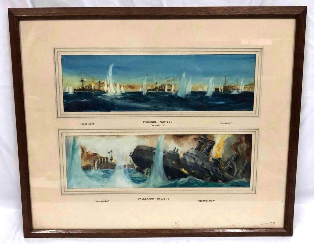 2 Original Watercolor Paintings "Coronel-Nov. 1 '14" & "Falklands-Dec.8 '14" By Robin Smith: This lot contains two original watercolor paintings "Coronel-Nov. 1 '14" & "Falklands-Dec.8 '14" by Robin Smith. The frame is approx 19 1/2" x 23 1/2" while the artworks are each approx 4 1/2" x 15 1/
