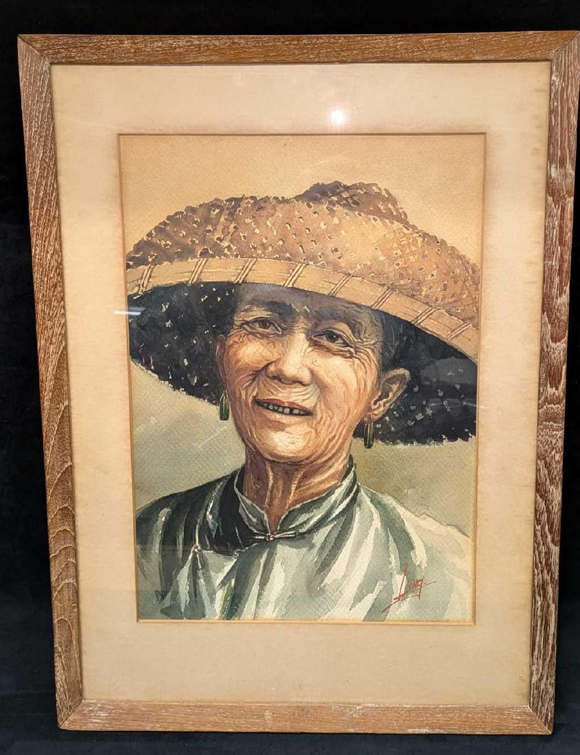Framed Kam Cheung Ling Old Woman Watercolor: Framed Kam Cheung Ling Old Woman Watercolor. This is approx 19 1/2" x 1" x 26" and it weighs 4.80lbs. There is some discoloration on the matting and original. Please see the images as they are part of