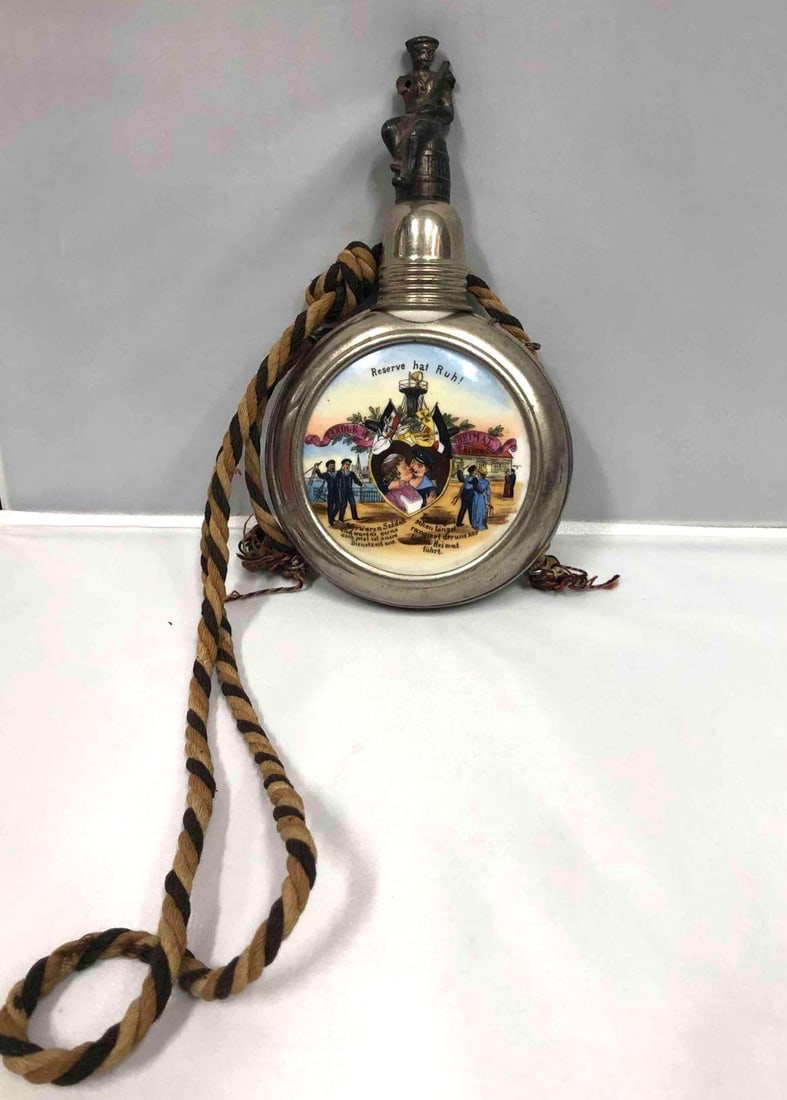 Imperial Germany Portable Flask: This lot contains an Imperial Germany portable flask. This flask is made of porcelain and pewter metal and was hand painted. It is approx 9" x 5" x 1 1/2" and weighs about 0.7lbs. Overall the flask is