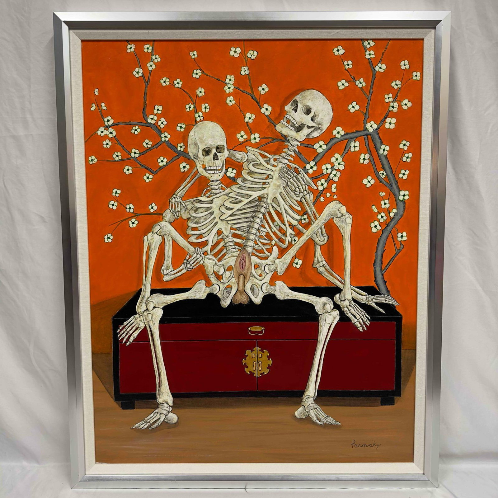 Framed Original Acrylic On Canvas Sex After Death Oriental Surrealist Painting John Pacovsky Artwork: Framed Original Acrylic On Canvas Sex After Death Oriental Surrealist Painting John Pacovsky Artwork. John Pacovsky acrylic on canvas surrealist erotic skeleton painting featuring skeletons in a orien