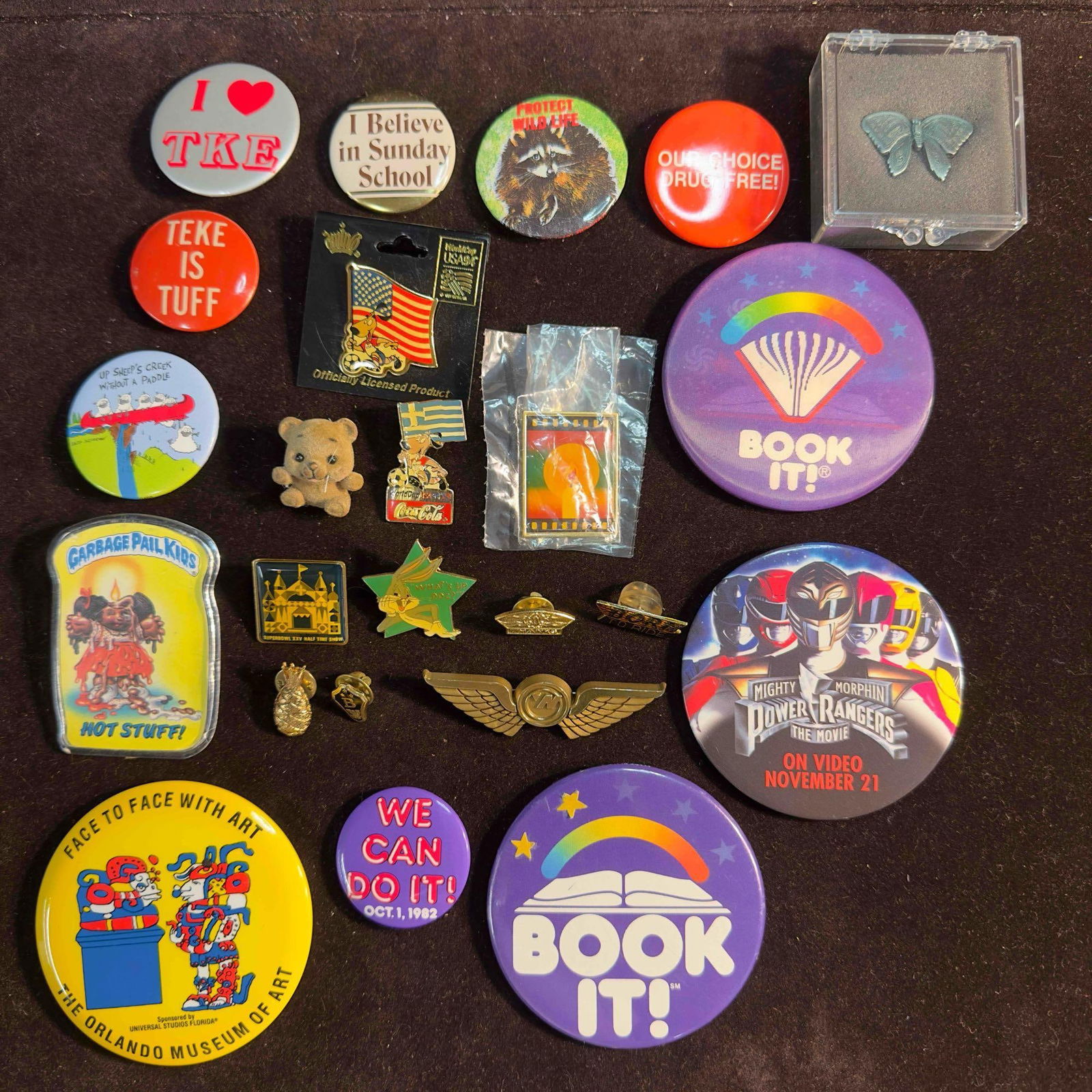 Various Lapel Pins and Buttons Power Rangers Book It Garbage Pail Kids Coca Cola Set Lot of 25 (1 of 9)