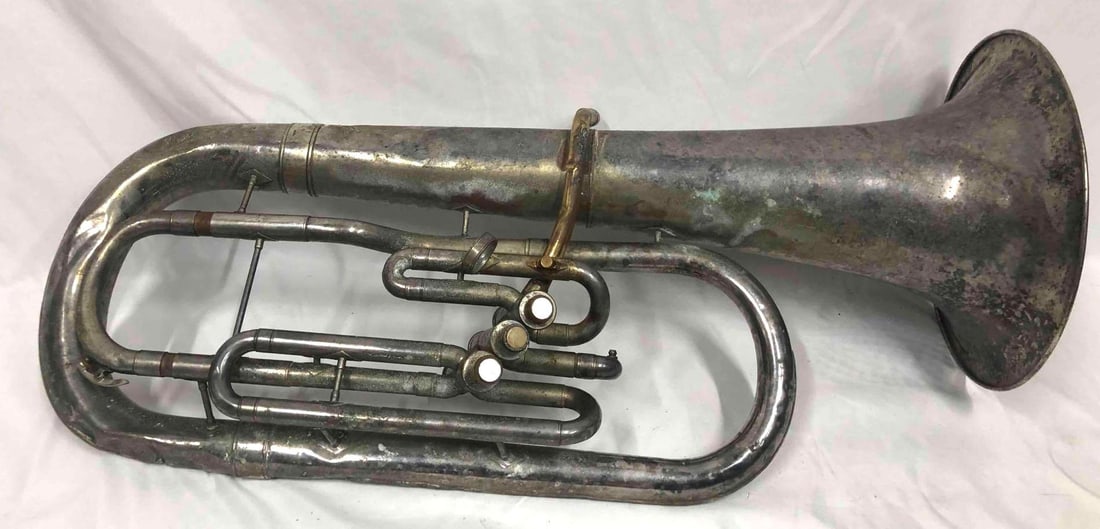 Vintage 3 Valve Bronze and Nickel Plated Baritone Horn (1 of 9)