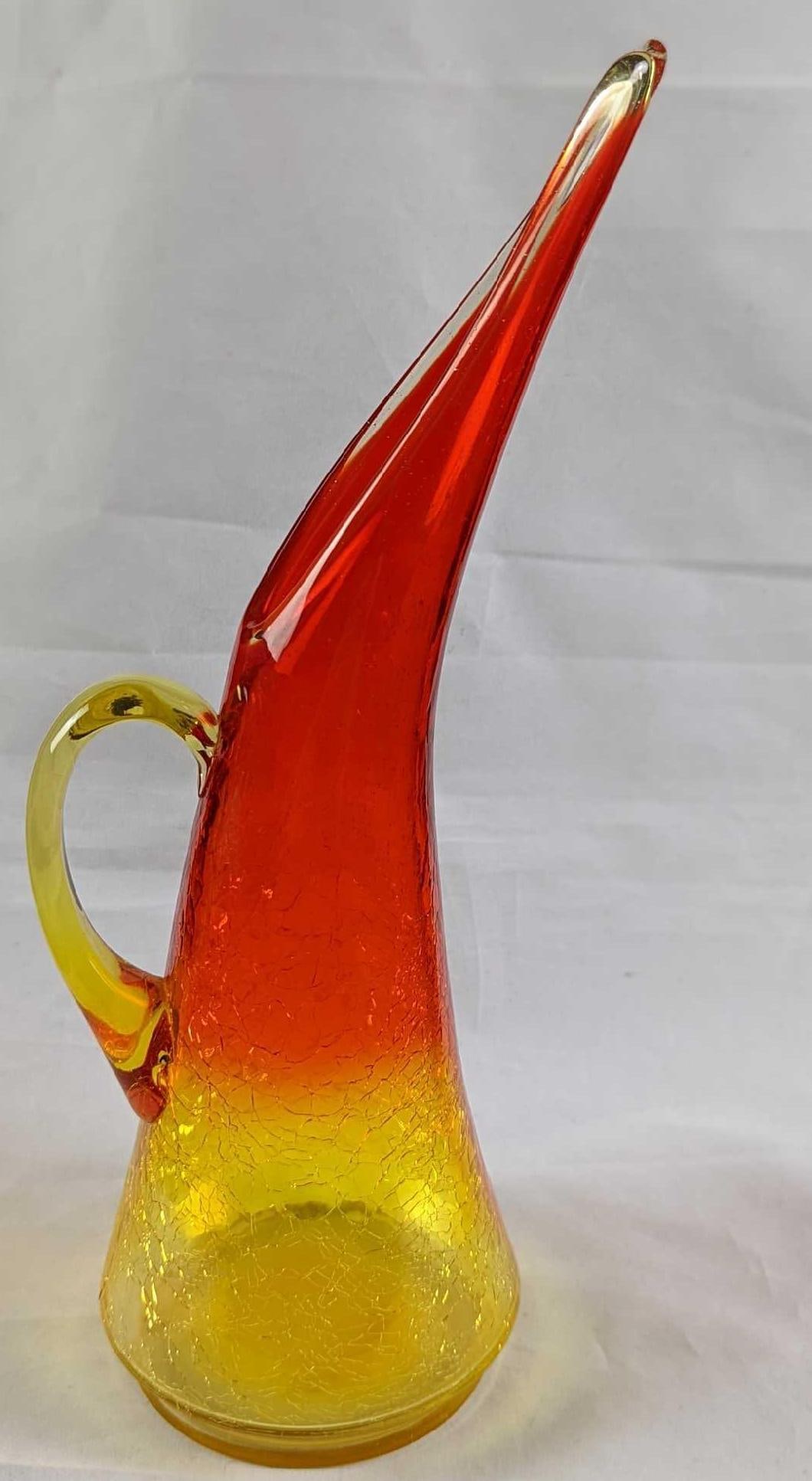 1960's Kanawha Amberina Crackle Glass Ewer Vase: 1960's Kanawha Amberina Tall Crackle Glass Vase. Is approx 7" x 4" x 13 1/2" and it weighs 1.52lb. The vase is in a good, vintage condition with no chips or (damage) cracks. Please see the images