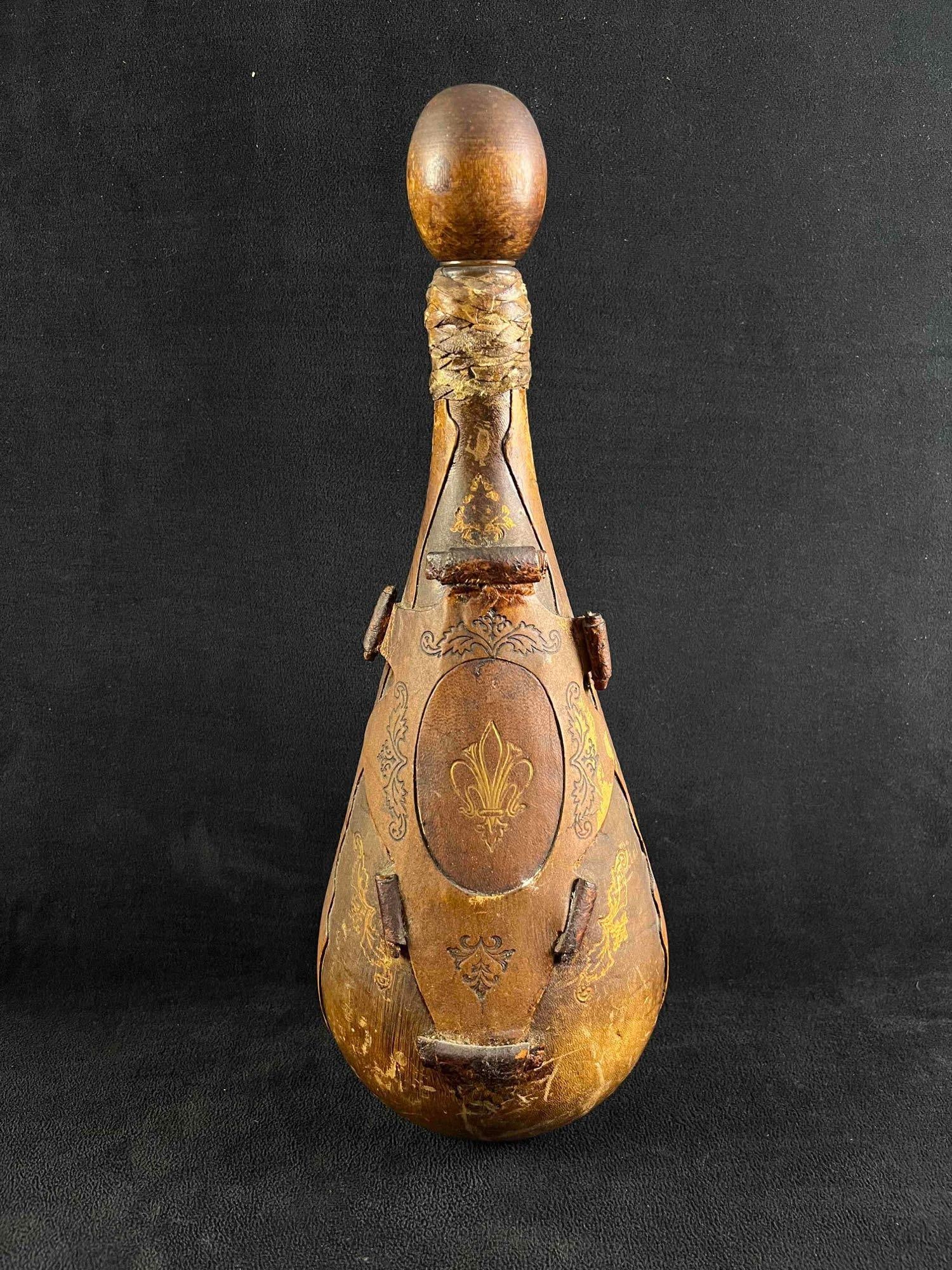 Old Leather and Wood Bottle Decoration (1 of 7)