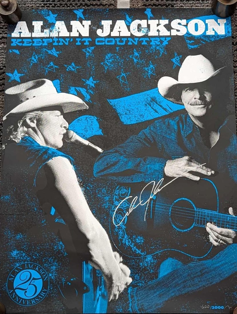 Autographed Alan Jackson 25th Anniversary Poster: Autographed Alan Jackson 25th Anniversary Poster. This one is #620 out of #3000. The poster is 18" x 23". Rolled up, the poster is approximately 2 3/4" x 2 3/4" x 18" and it weighs 0.16lb. The po