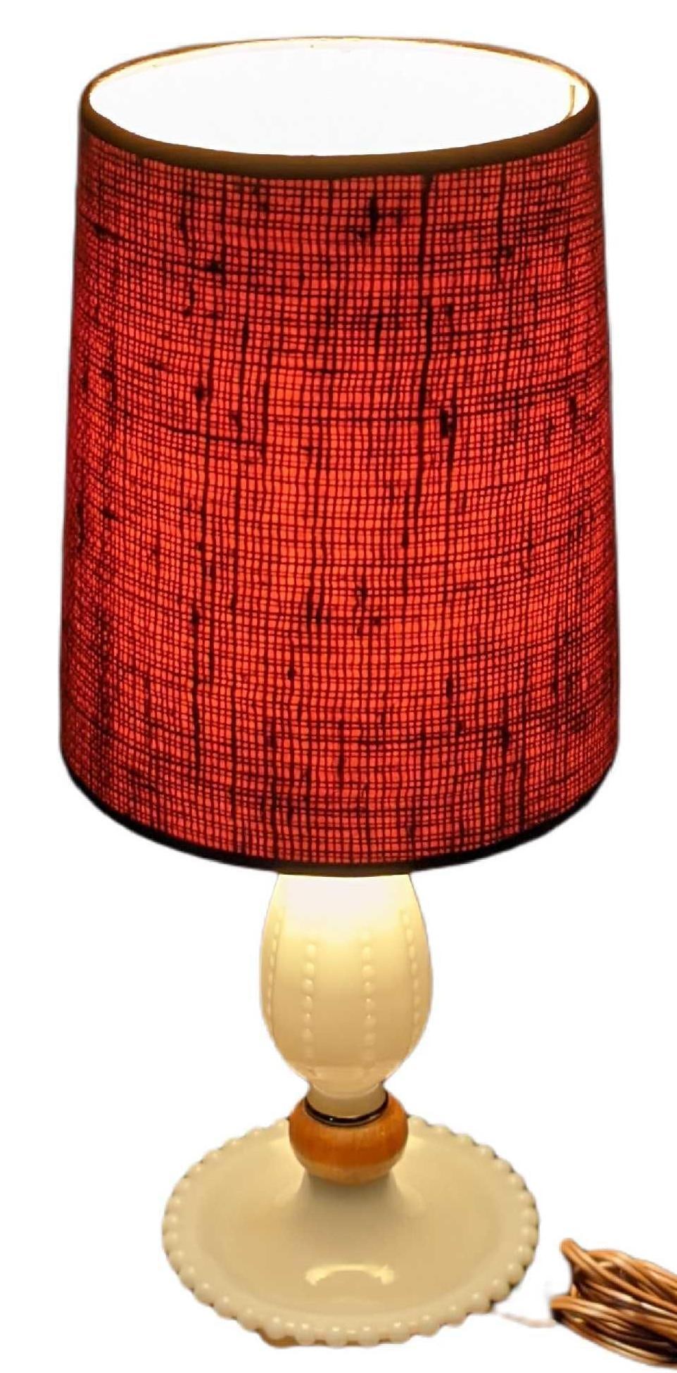 Vintage Milk Glass And Wood Bedside Table Lamp: Vintage Milk Glass And Wood Bedside Table Lamp. The maker and date of creation are unknown. Is approx 6" x 6" x 19 1/2" and it weighs 2.04lbs. The lamp is in good, working condition with t