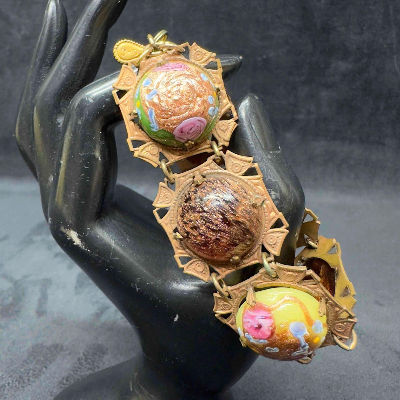 Venetian Murano Lamp Work Glass Multi Colored Brass Tone Circle Bead Bracelet F52 (1 of 9)