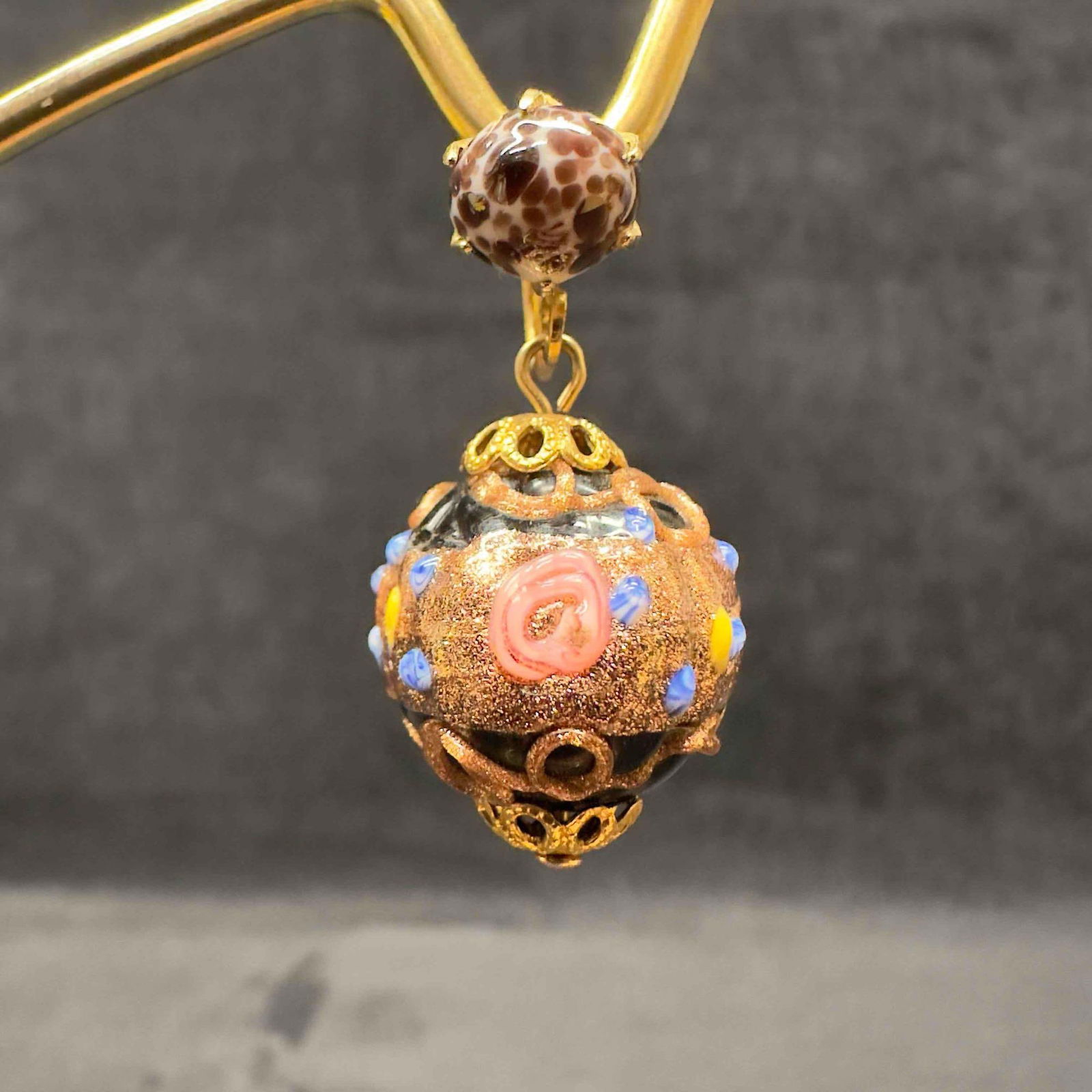 Murano Venetian Art Glass Lamp Work Black Floral White Spotted Beaded Dangle Earrings F26 (1 of 8)