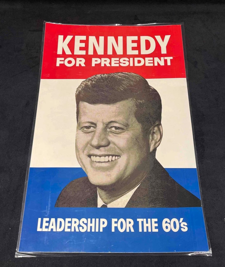 Kennedy For President Leadership for the 60's Campaign Poster Reproduction: This lot contains a Kennedy For President Leadership for the 60's Campaign Poster Reproduction. It is approx 17 1/4" x 11 1/4" and it weighs about 1.2oz. Overall the Reproduction poster is in goo