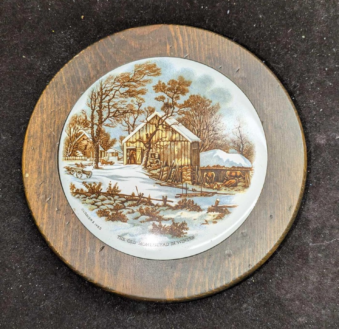 Vintage The Old Homestead In Winter Wood Tile Trivet: Vintage The Old Homestead In Winter Wood Tile Trivet. By Currier & Ives. This is approx 8 3/8" x 8 3/8" x 1" and it weighs 0.92lb. Has some markings and small chips from use. Can also be hung on