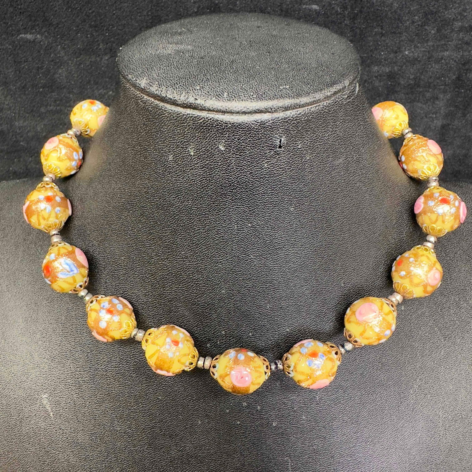 Venetian Murano Lamp Work Glass Round Cream Wedding Cake Bead Necklace: Venetian Murano Lamp Work Glass Round Cream Wedding Cake Bead Necklace. Necklace with cream colored glass beads with beautiful hand painted designs on each. This item is in good pre-owned, previously 