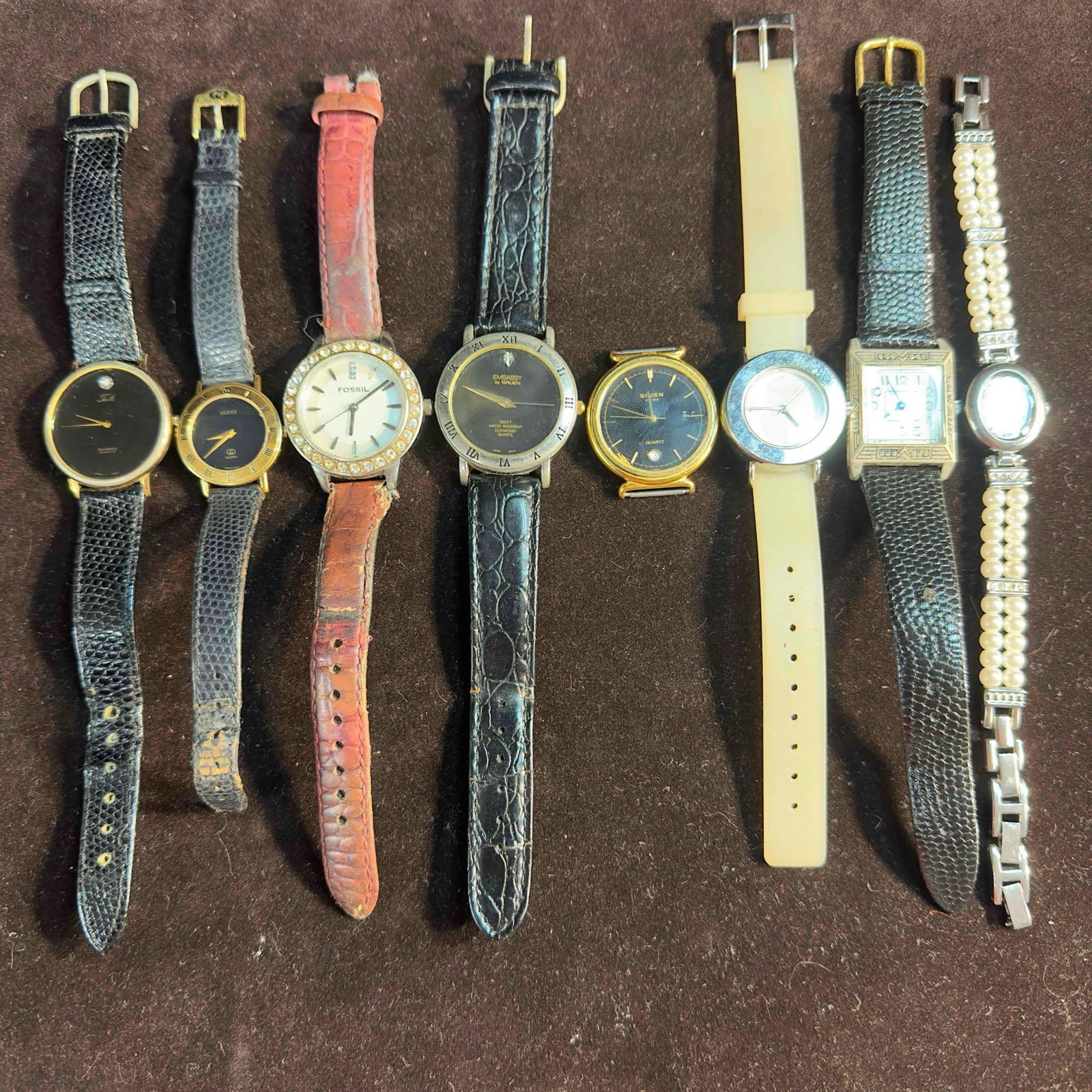 Vintage Woman Watch Collection Gucci Fossil Lancome Gruen Tali Lot of Eight: Vintage Watch Collection Gucci Fossil Lancome Gruen Tali Lot of Eight. These watches are vintage and all not working need batteries or repair, none have been tested. Different brands include Lancome,