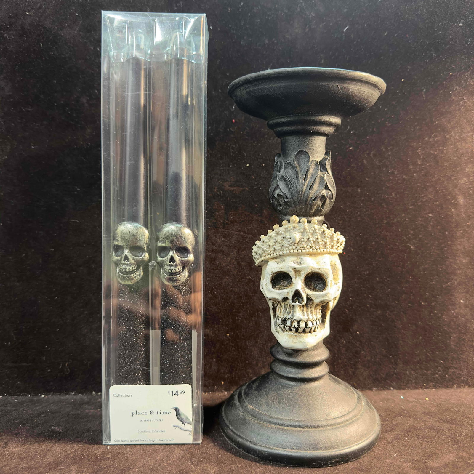 Princess Skull Tiara Candle Holder and Black Skulls Candle Set Halloween (1 of 7)