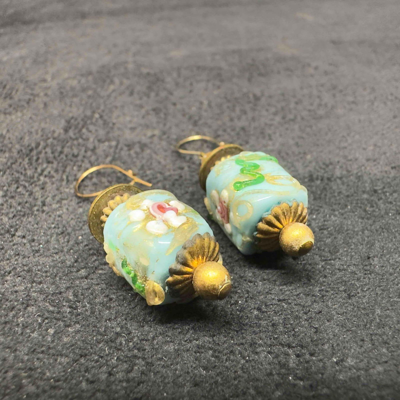 Murano Venetian Art Glass Lamp Work Light Blue Floral Accents Bead Dangle Earrings F73 (1 of 5)