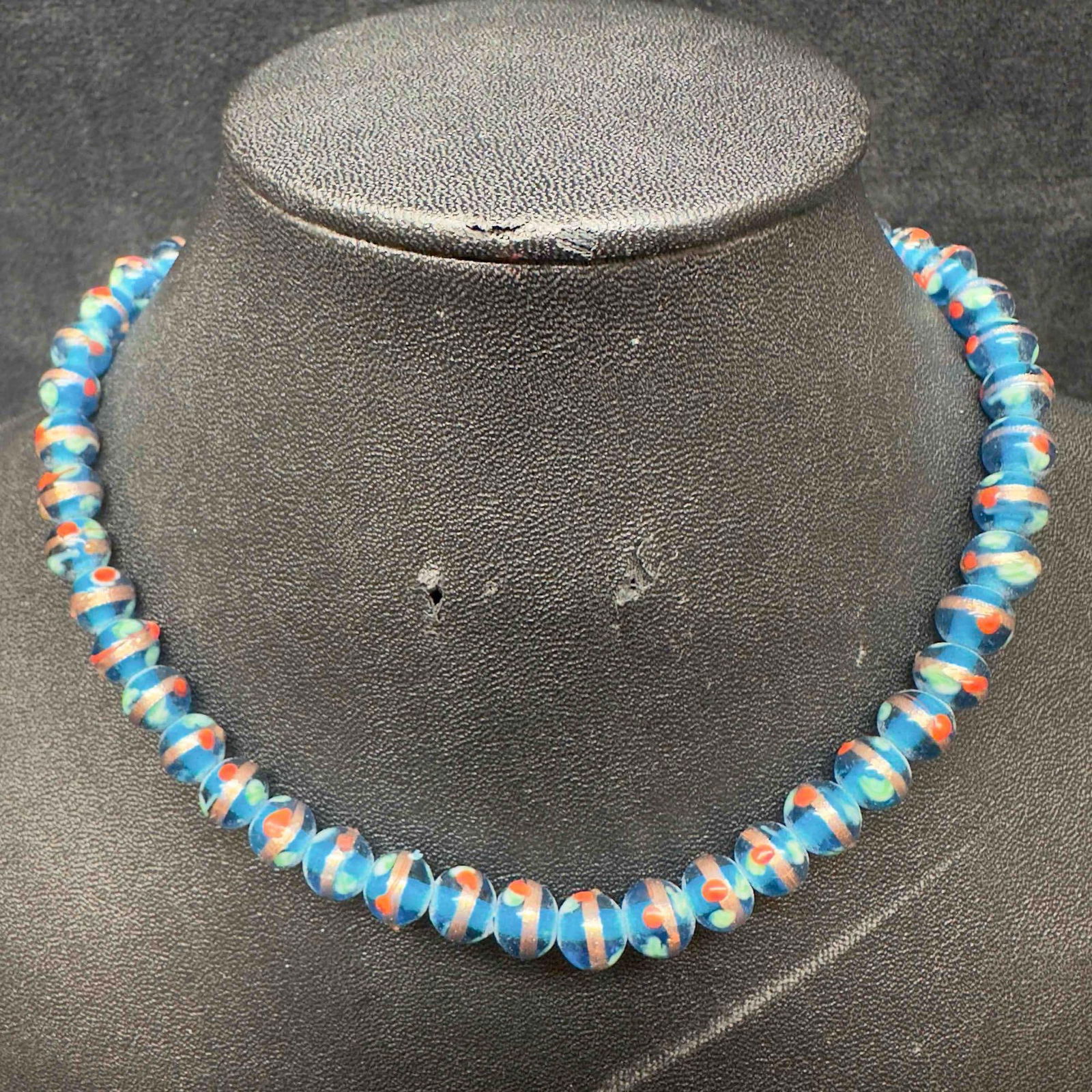 Venetian Murano Lamp Work Art Glass Blue Floral Bead Small Necklace F75 (1 of 8)