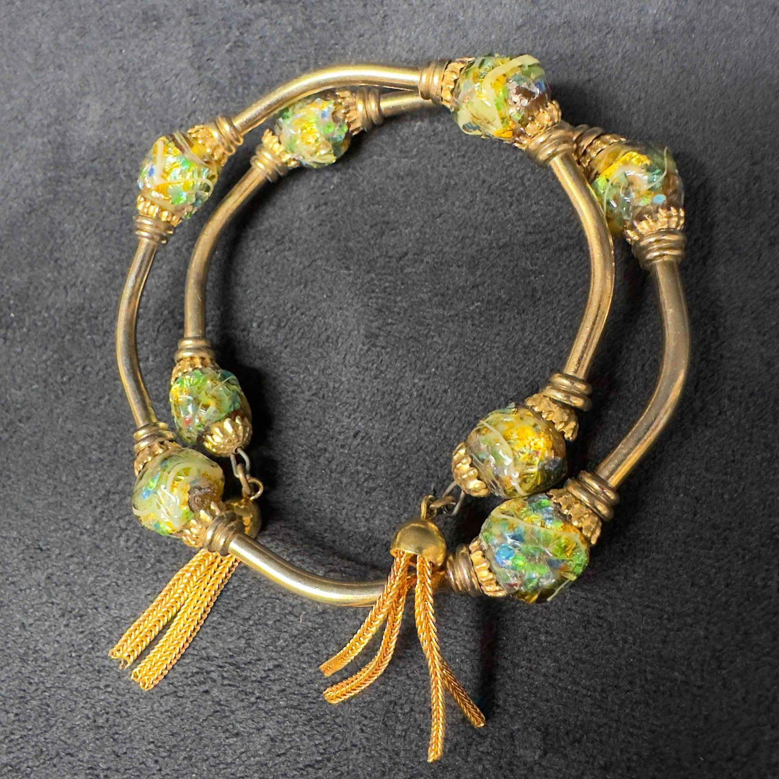 Venetian Murano Lamp Work Glass Art Multi Colored Iridescent Beaded Bracelet Bangle Tassels F87 (1 of 7)
