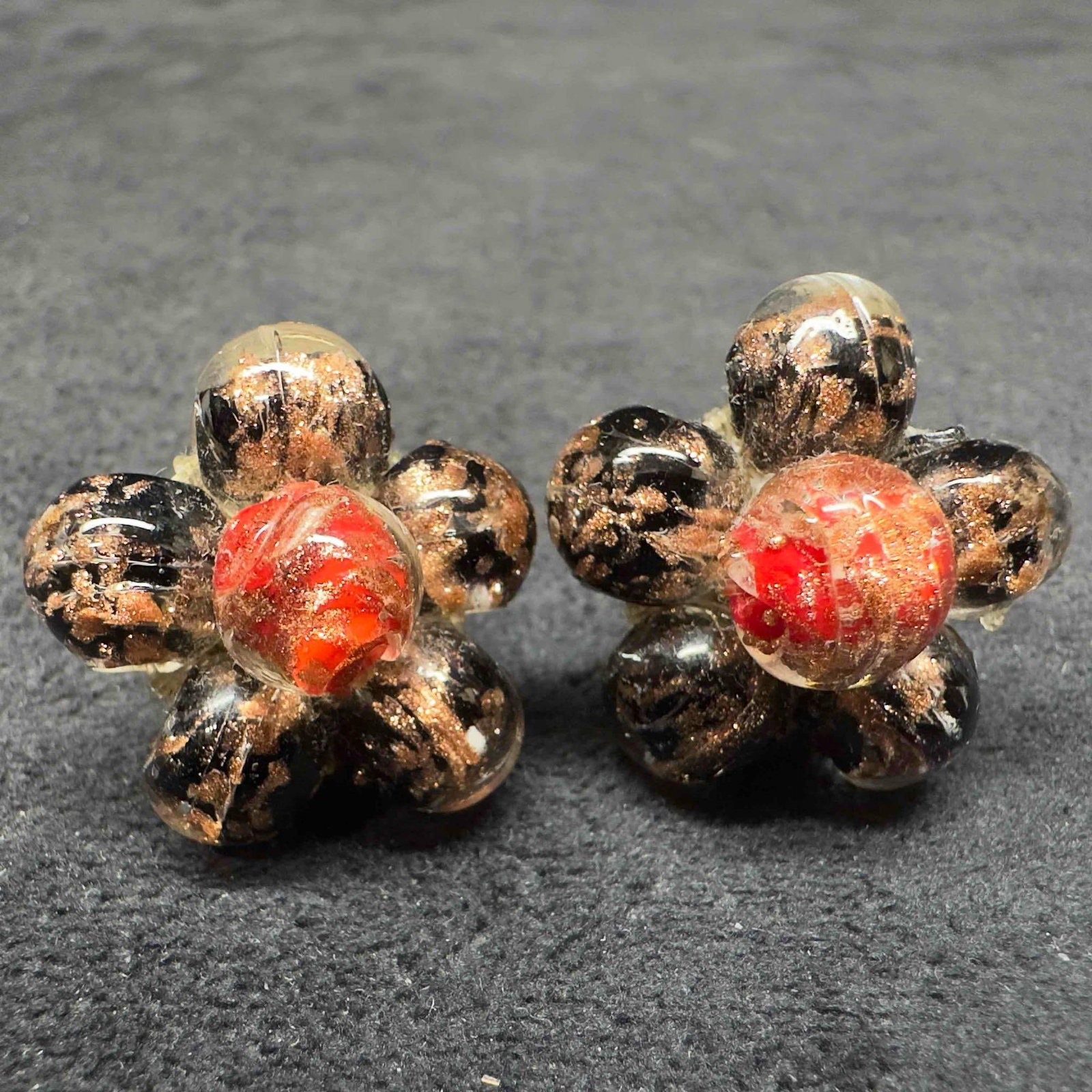 Murano Venetian Art Glass Lamp Work Black Red Copper Accents Beaded Earrings F69 (1 of 5)