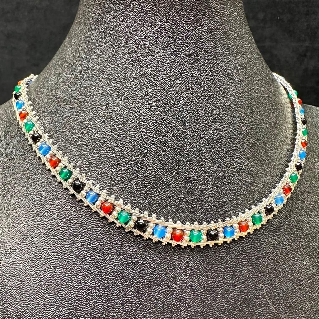 Sterling Multi-Color Stone Bead Necklace: This piece of jewelry has been tested and researched prior to listing. Please view all our pictures they are part of our description. DETAILS: Metal - Sterling Silver Color - Silver Stones - Various H