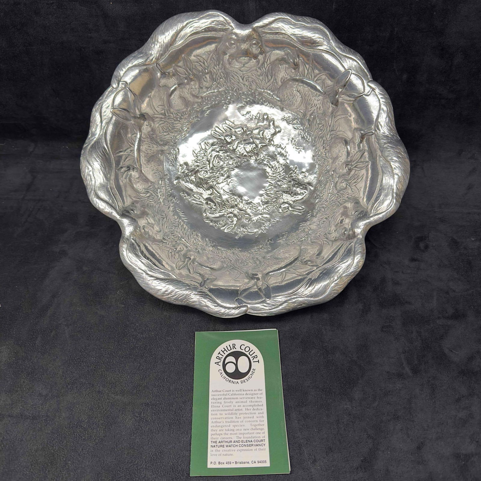 Arthur Court Cast Aluminum Serveware Rabbit Bunny Large Serving Bowl: Arthur Court Cast Aluminum Serveware Rabbit Bunny Large Serving Bowl. Etched markings on the bottom of the piece Arthur Court 1993. Serving platter bowl included features a rabbits and bunnies design.