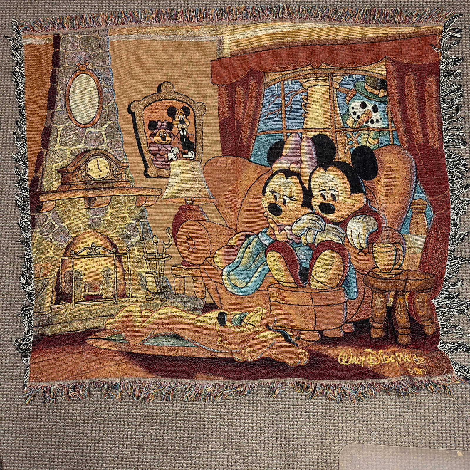 Walt Disney World Woven Tapestry Throw Blanket 60" x 50" Mickey and Minnie Mouse Pluto Fireplace (1 of 8)
