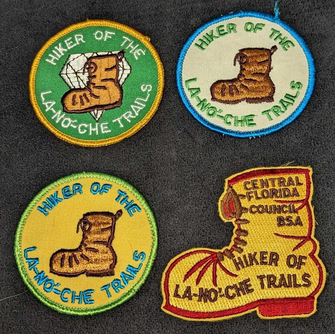 4 Vintage Boy Scouts Hiker Of La-No-Che Trail Patches: 4 Vintage Boy Scouts Hiker Of La-No-Che Trail Patches. The round patches are approx 3" x 3" and the "Boot" patch is approx 3 1/8" x 3". The total weight is 0.02lb. The patches have some signs of wear.