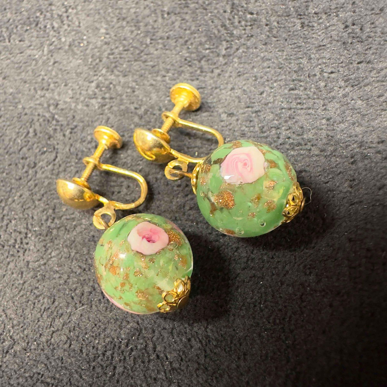 Murano Venetian Art Glass Lamp Work Clear Green Copper Floral Dangle Earrings D74 (1 of 8)