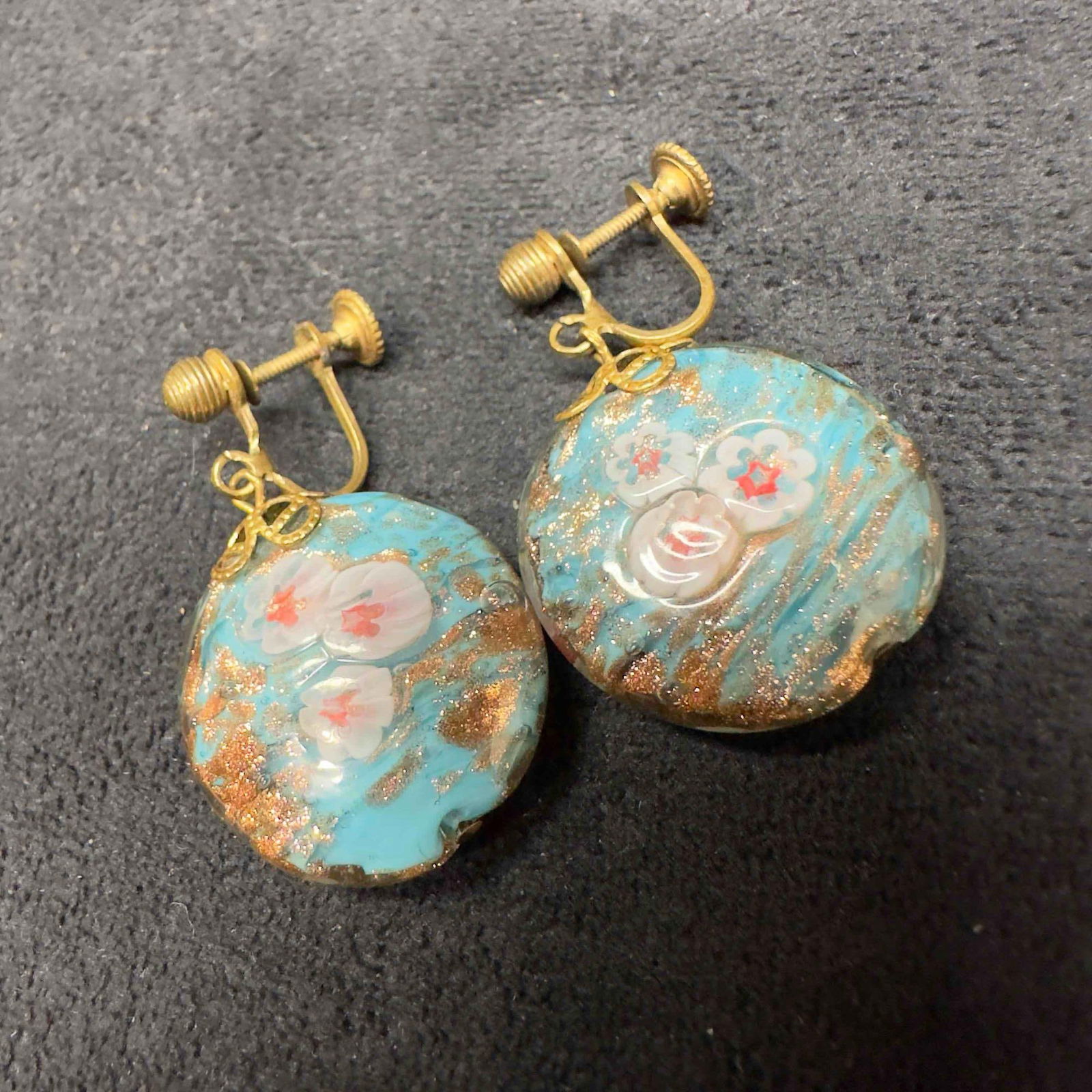 Murano Venetian Art Glass Lamp Work Light Blue Circle White Flower Dangle Earrings D85 (1 of 7)