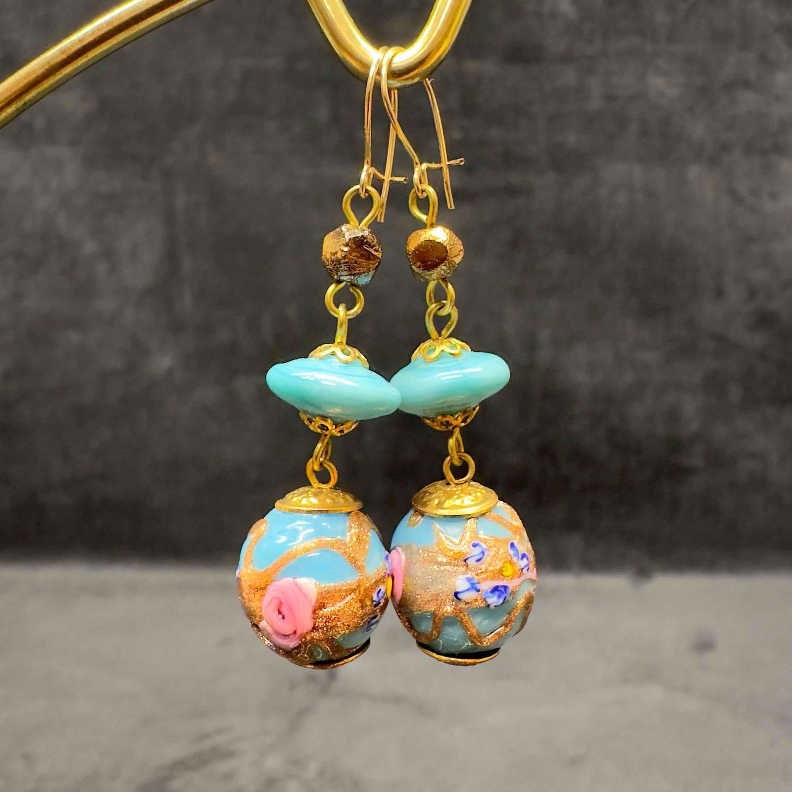 Murano Venetian Art Glass Lamp Work Light Blue Dangle Earrings D87 (1 of 9)