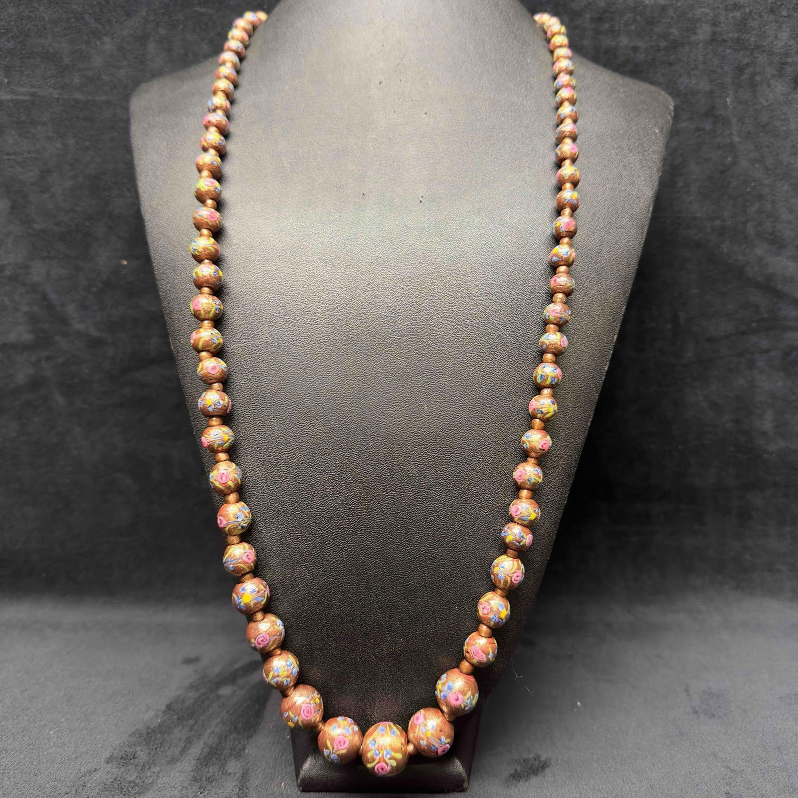 Murano Venetian Art Glass Lamp Work Bead Copper Colored Floral Beaded Necklace C12 (1 of 9)