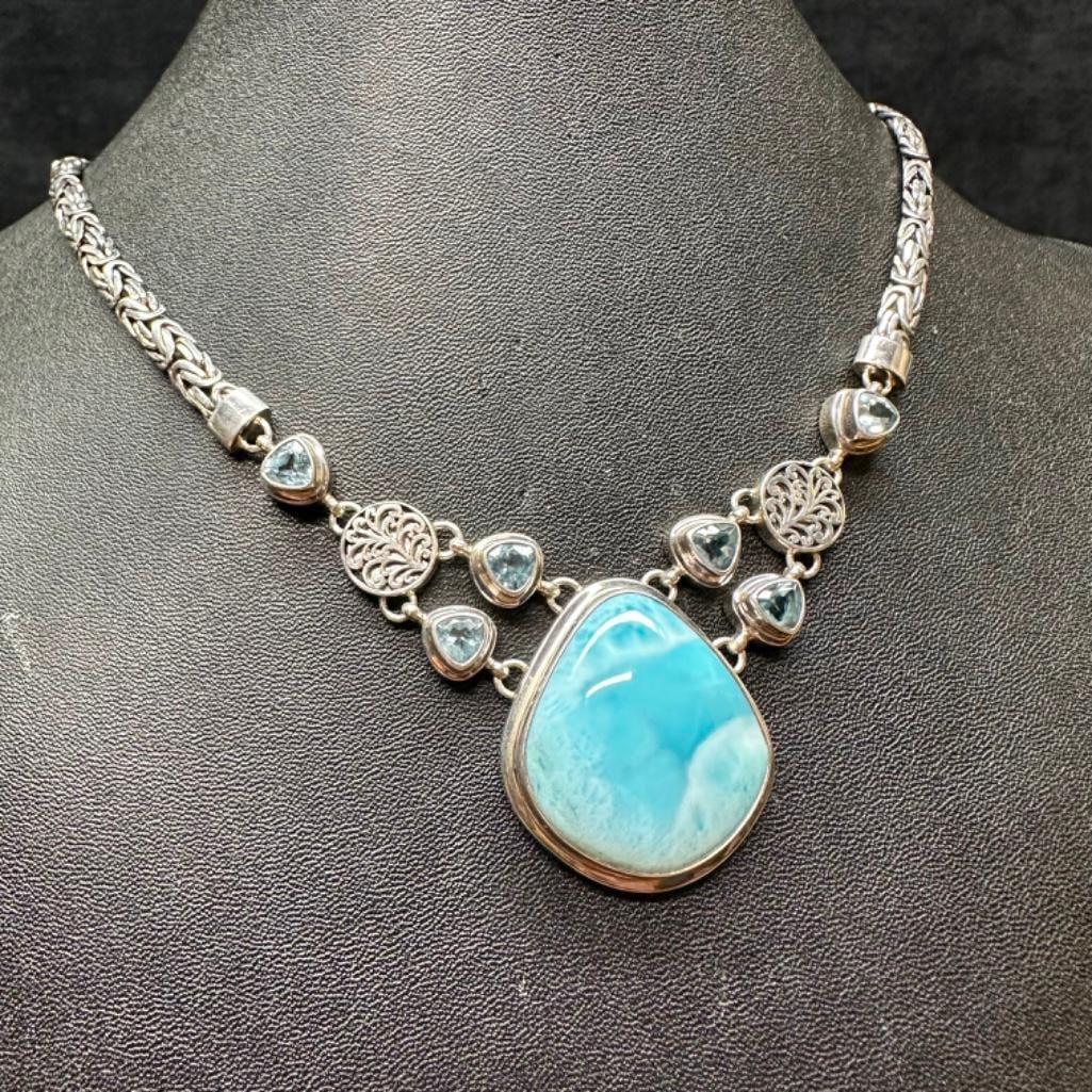 Byzantine Link Sterling Larimar Pendant Necklace: This piece of jewelry has been tested and researched prior to listing. Please view all our pictures they are part of our description. DETAILS: Metal - Sterling Silver Color - Silver Stones - Larimar H
