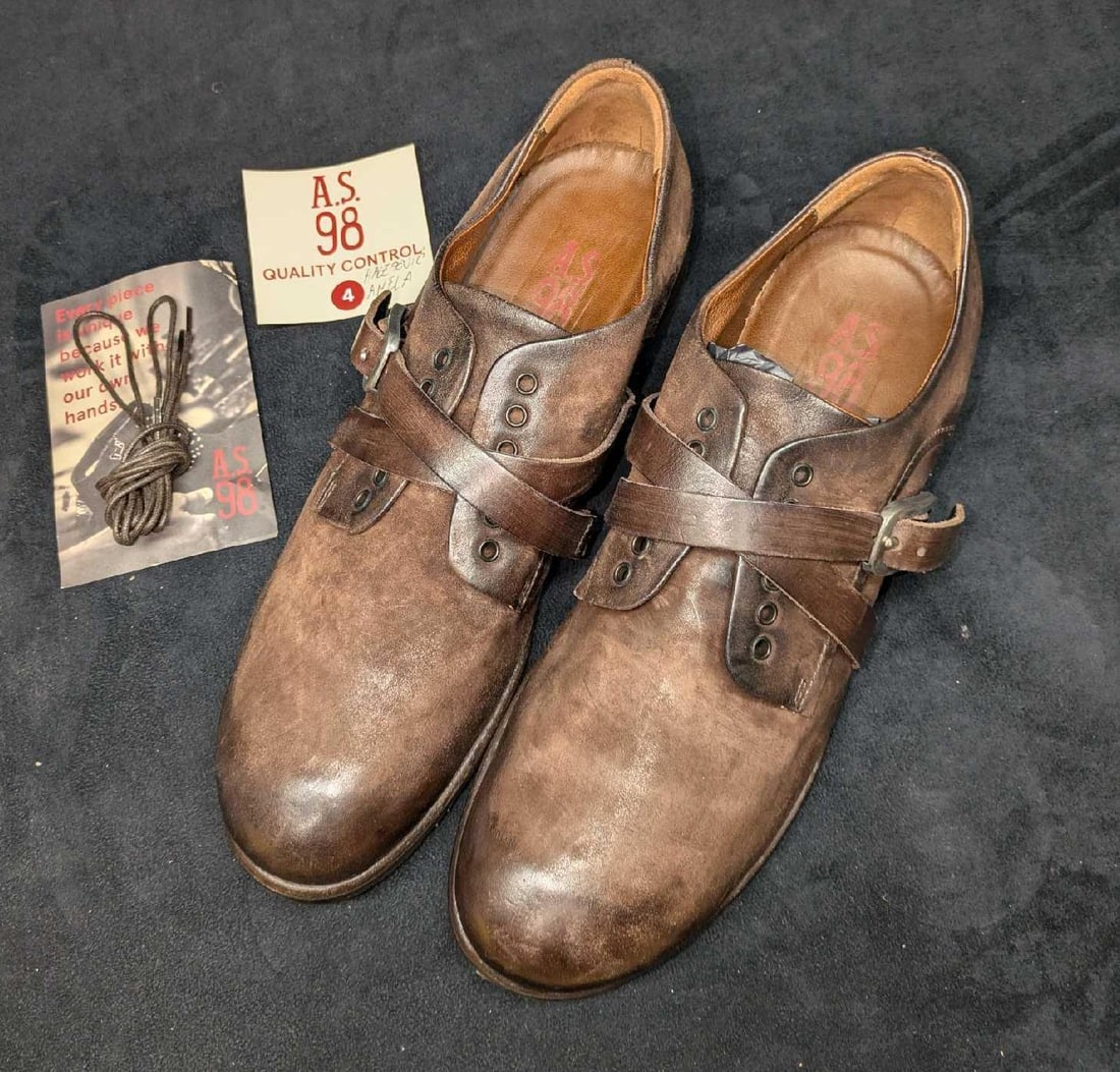 A.S. 98 Strap, Buckle And Laces Leather Men's 11.5 Shoes: A.S. 98 Strap, Buckle And Laces Leather Men's 11.5 Shoes. The shoes have some signs of wear and storage wear. Made of Tuscan vegetable tanned leather. Each shoe is approx 4 1/4" x 12 3/4" x 4" and the