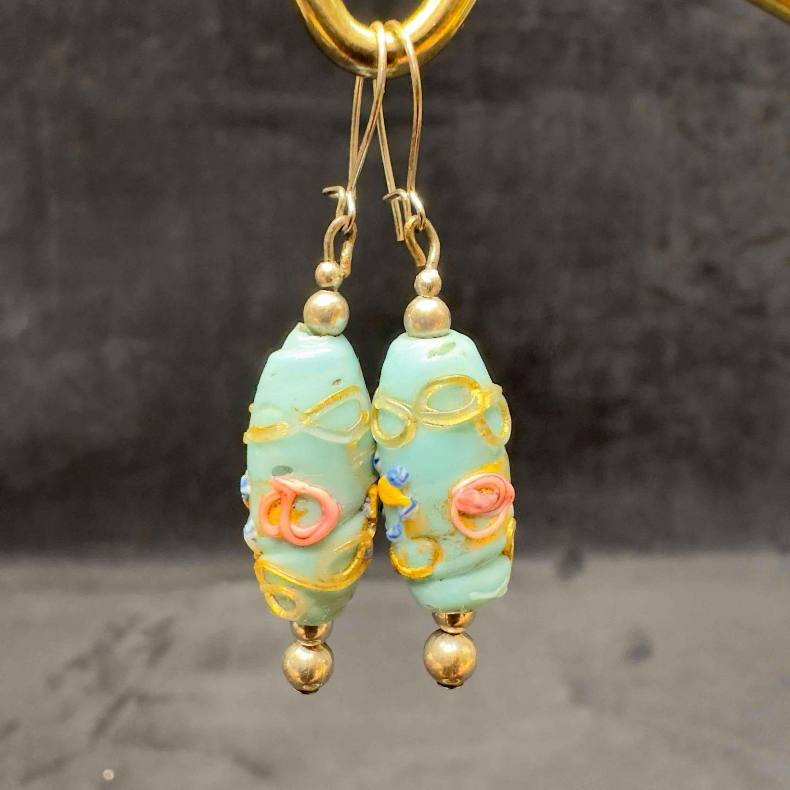 Murano Venetian Art Glass Lamp Work Light Blue Floral Accents Dangle Earrings E18 (1 of 6)