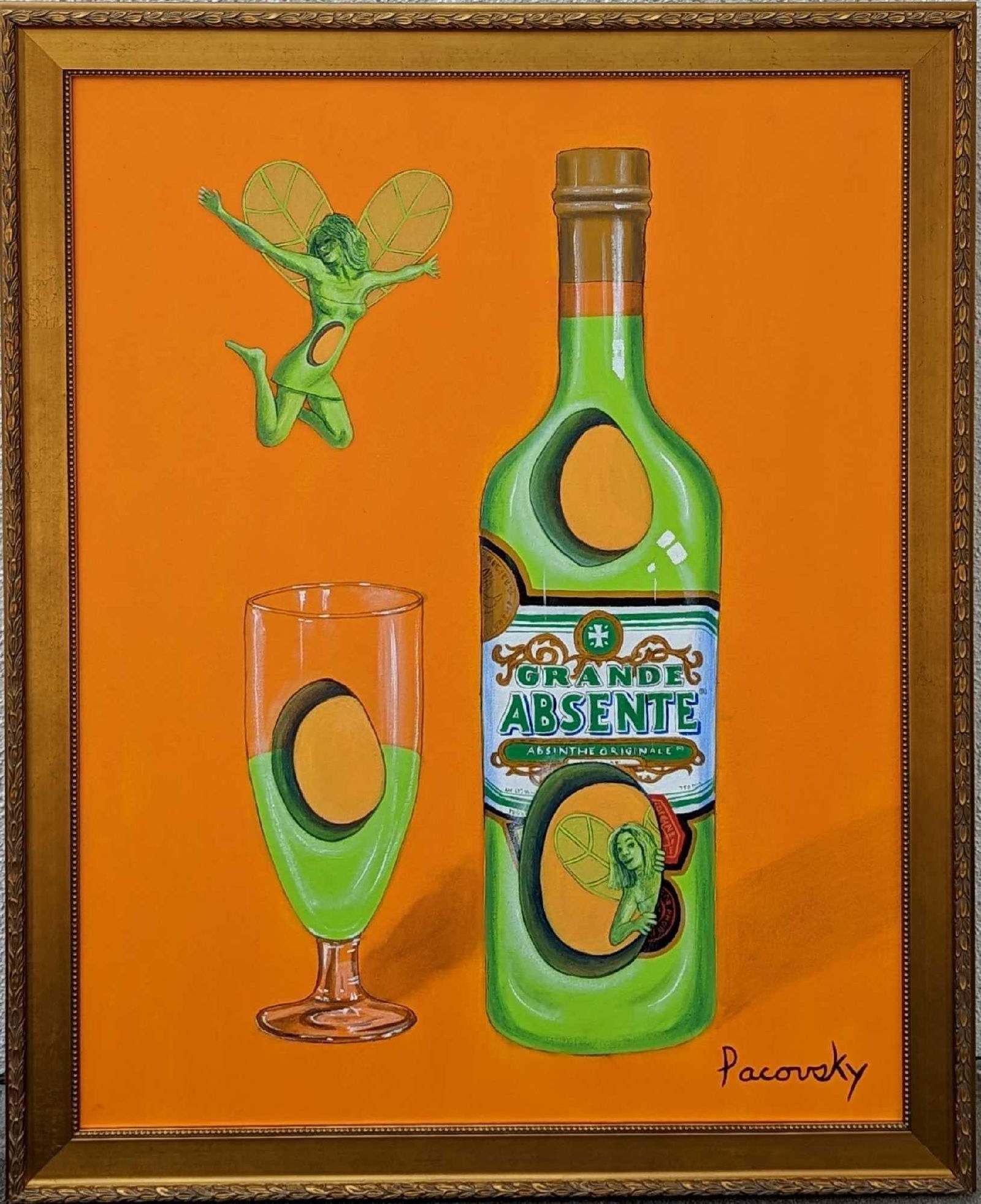 John Pacovsky Acrylic On Canvas Absente Absinthe: John Pacovsky Acrylic On Canvas Absente Absinthe. This was inspired by Henry Moore's "Oval With Points". The framed original that was Commissioned by Absente brand absinthe, is approx 32