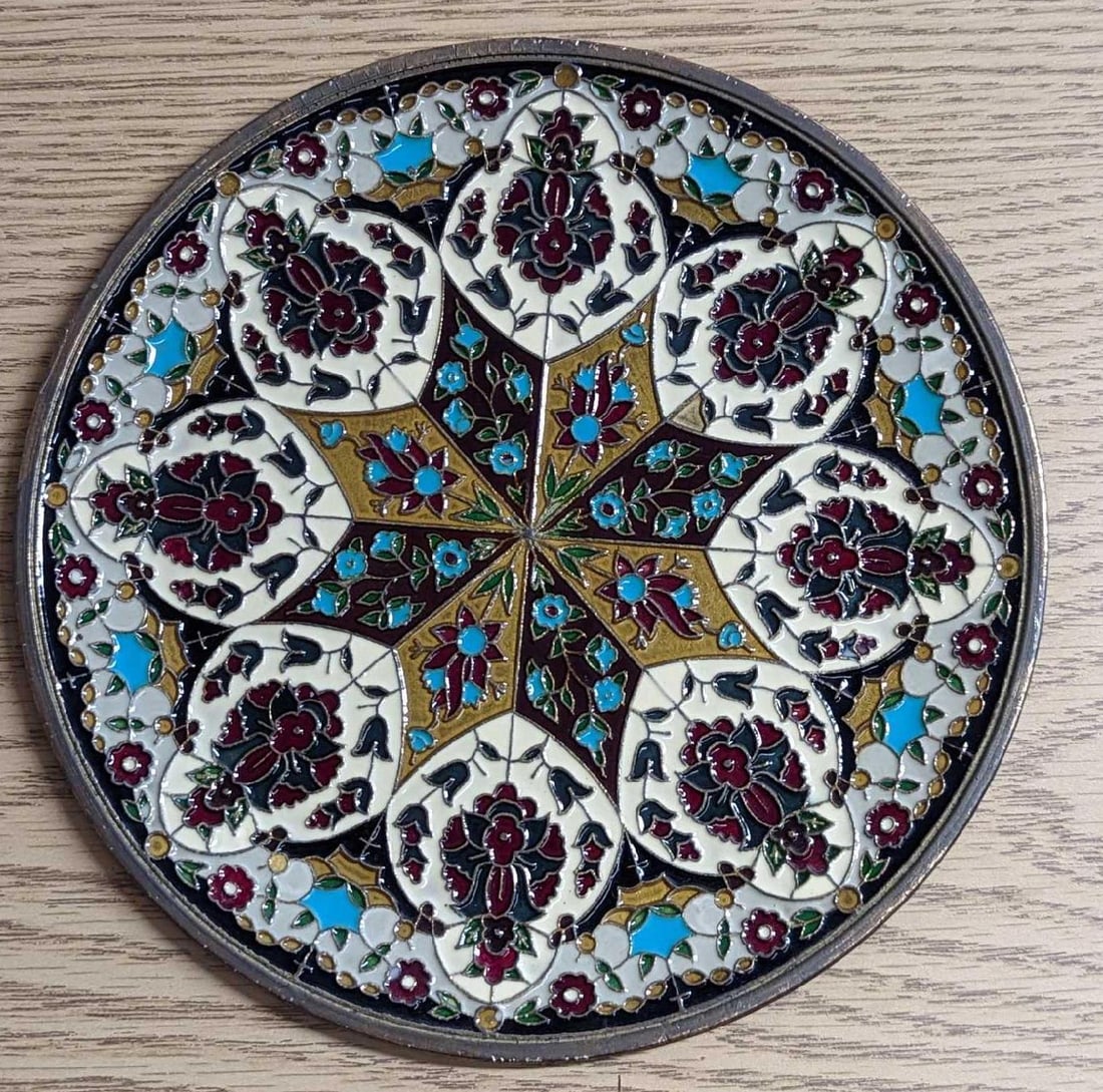 Vintage Hangable Brass Enameled Floral Plate (1 of 6)