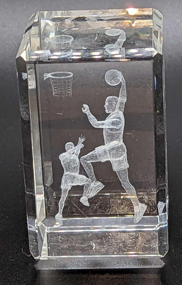 Basketball 3D Laser Engraved Crystal Paperweight: Basketball 3D Laser Engraved Crystal Paperweight. This is approx 2" x 2" x 3 1/4" and it weighs 1.08lb. This has no chips or cracks.