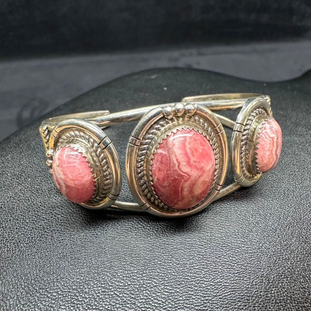 3 Stone Sterling Rhodochrosite Cuff Bracelet (1 of 3)