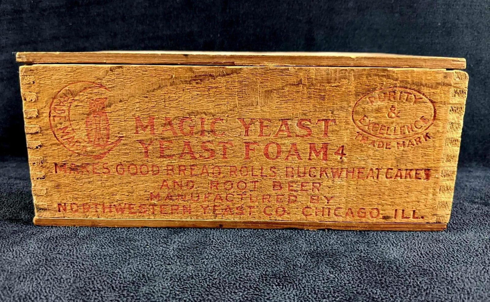 Antique Box Magic Yeast Yeast Foam Product Box: Antique Box Magic Yeast Yeast Foam Product Box This is an old wooden box with the product advertising itself, Magic Yeast Foam. This box has two of the company's trademarks and on the reverse says "Sc