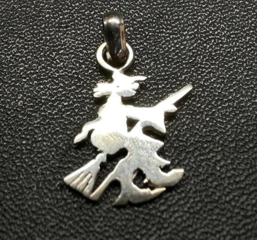 Small Sterling Witch Pendant: This piece of jewelry has been tested and researched prior to listing. Please view all our pictures they are part of our description. DETAILS: Metal - Sterling Silver Color - Silver Stones - none Hall